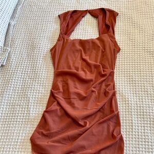 Fashion Nova Orange Ruched Sheath Midi Dress